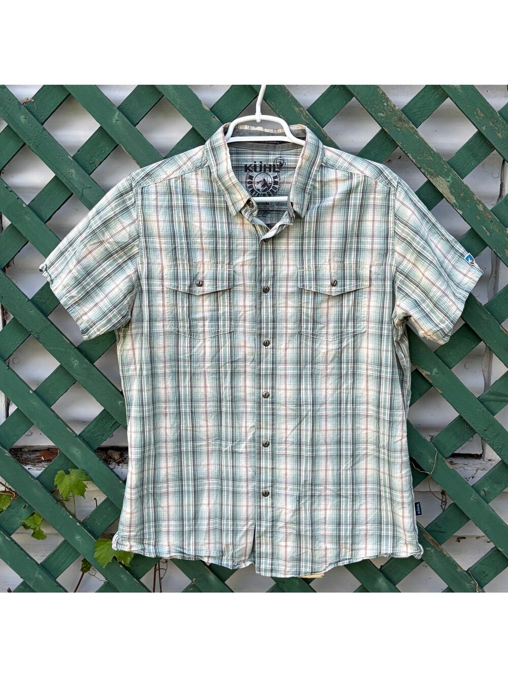 Kuhl Button Down Performance Shirt Mens Medium Plaid Green Short Sleeve